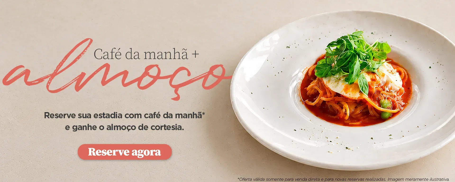 Promoção de almoço com um prato de massa vermelha e texto rosa sobre fundo claro, com o botão “Reserve já”