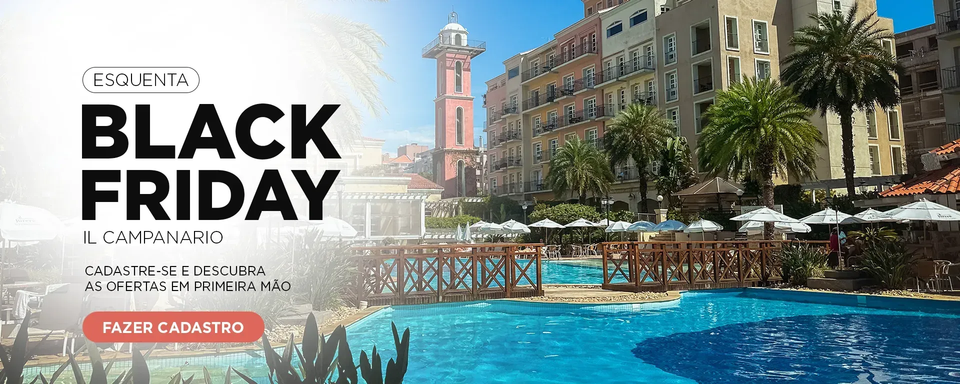 Banner promocional de Black Friday sobre a piscina e os edifícios de um resort, com um selo vermelho “até 25% de desconto”