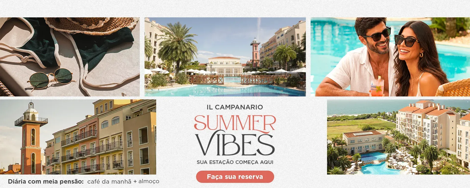Colagem de cenas de viagens de luxo no verão, com piscina, praia, cidade, casal e o texto “Summer Vibes”