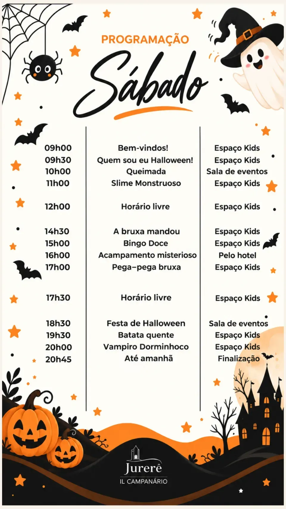 Cartaz de sábado com programação infantil, fundo laranja e preto, com fantasmas, abóboras e morcegos.