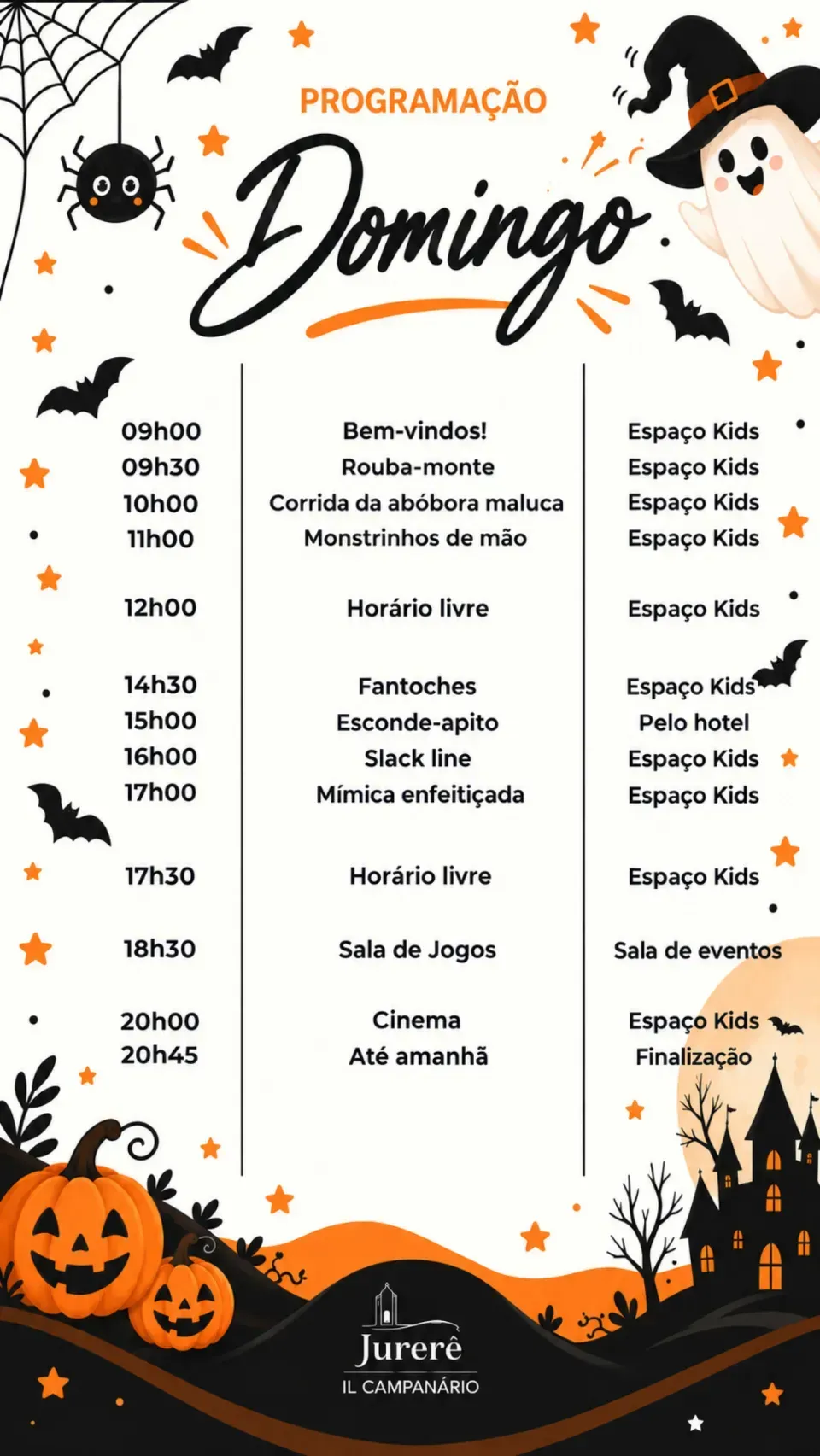 Programação de “Domingo” com horários, atividades e decoração de Halloween em preto, laranja e branco