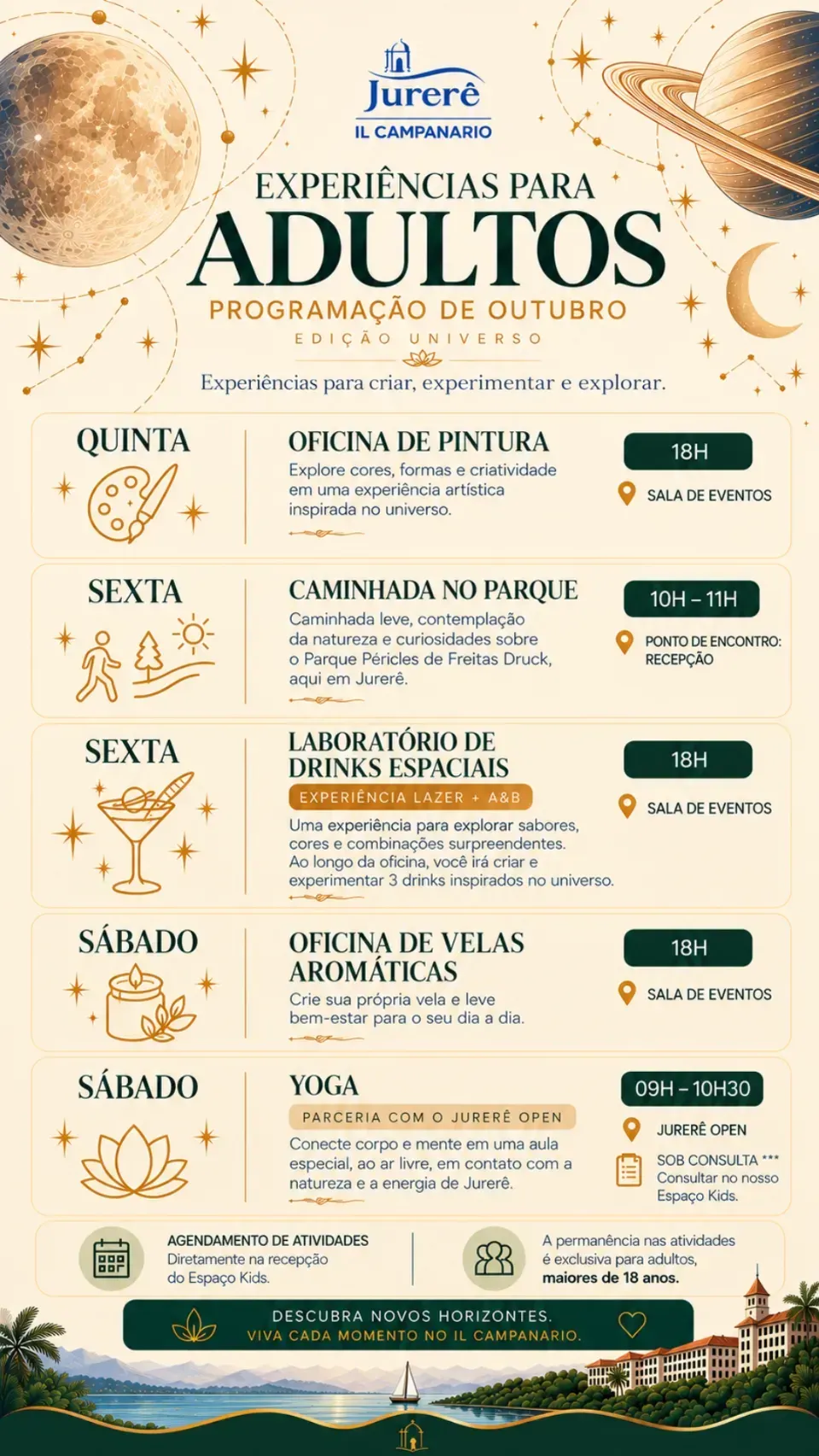Cartaz bege da “Campanha Natalina para Adultos” com atividades diárias e horários em cartões verdes.