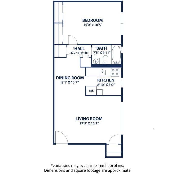 Floor plan of a one-bedroom apartment with a living room, dining room, kitchen, bathroom, hall, and bedroom.