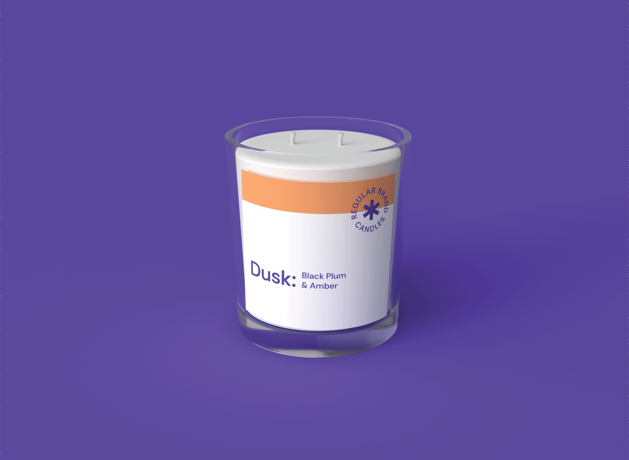 White cup with orange band and blue logo on a purple background