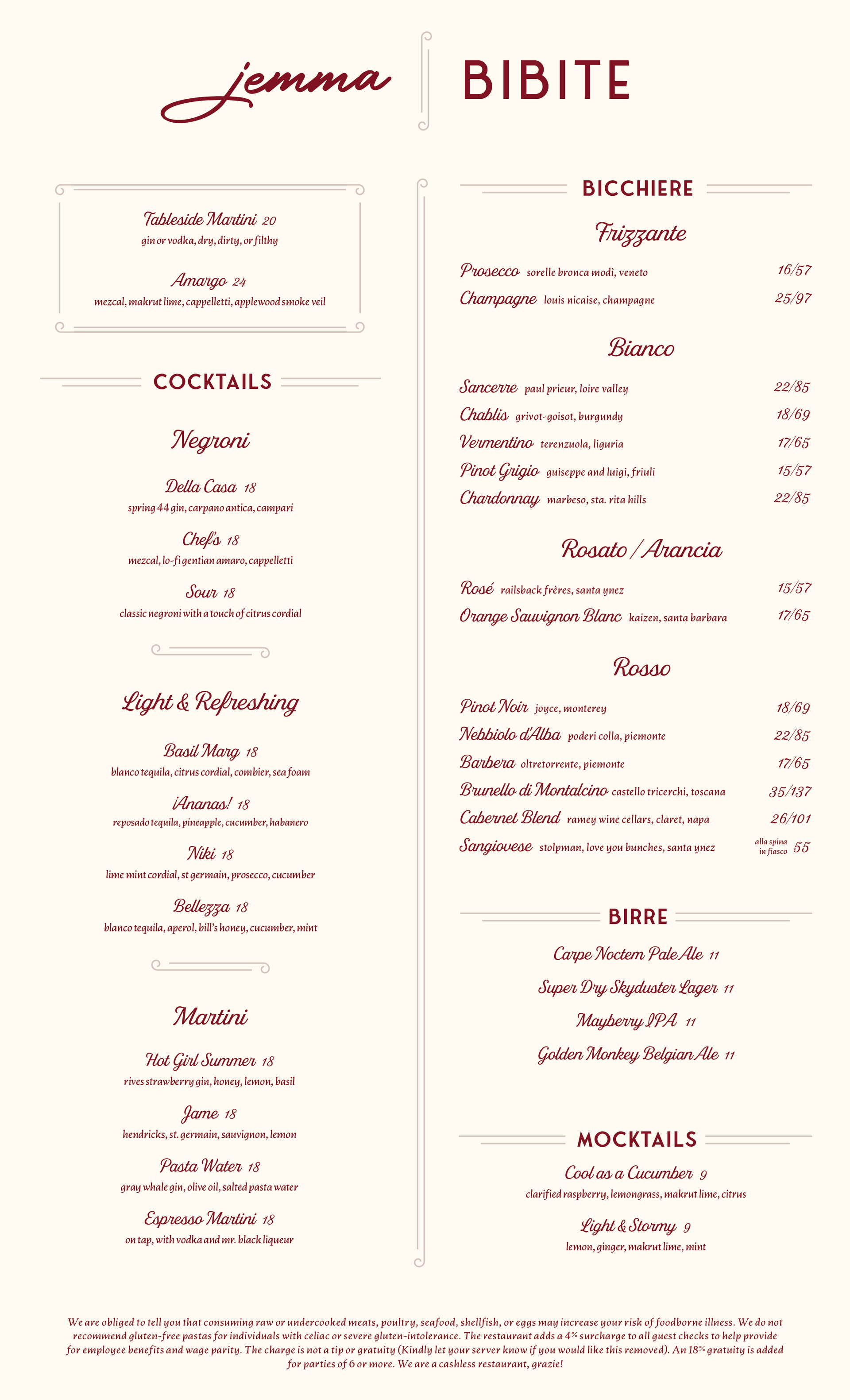 jemma hollywood menu design