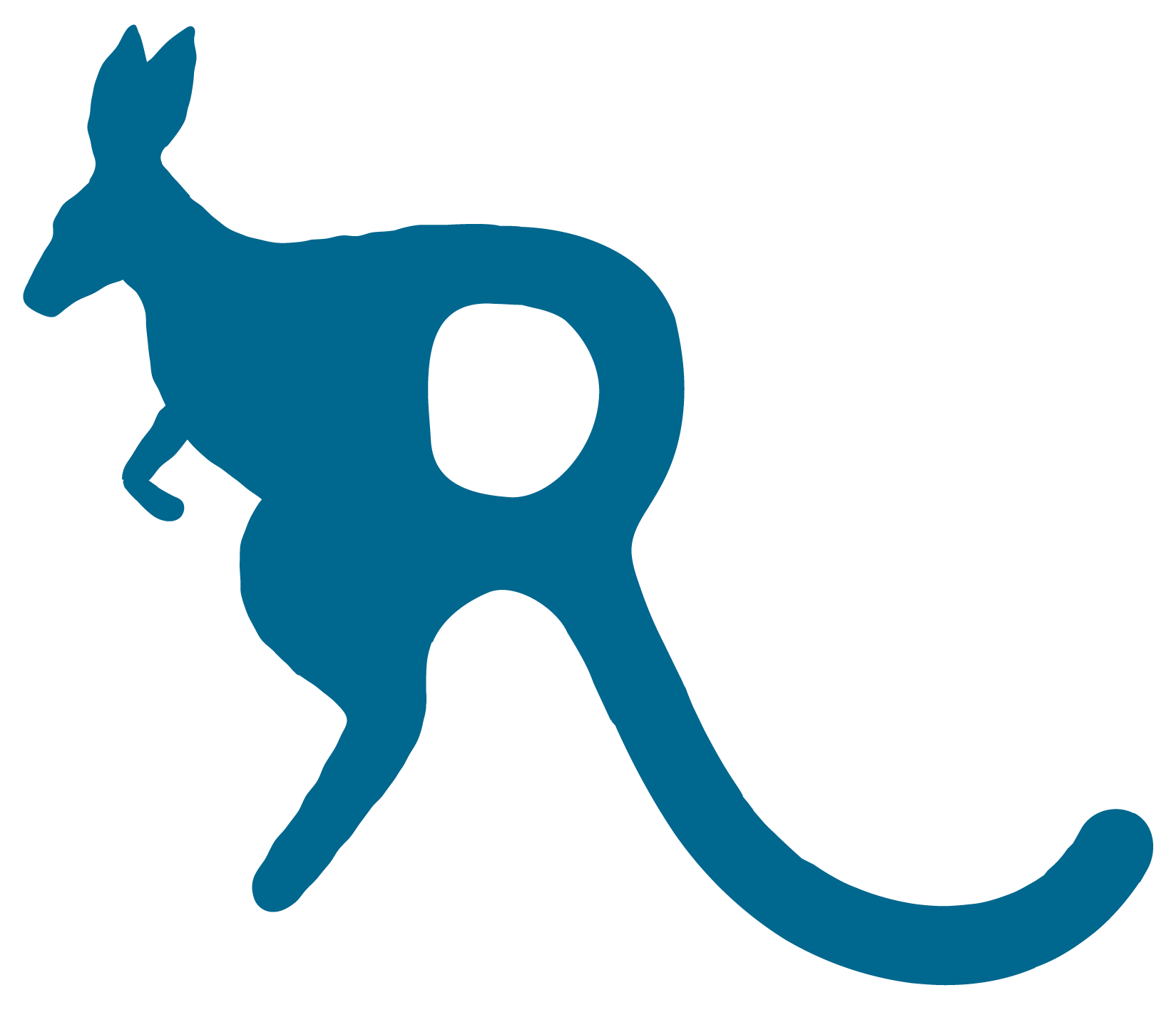 Blue stylized kangaroo logo on a white background