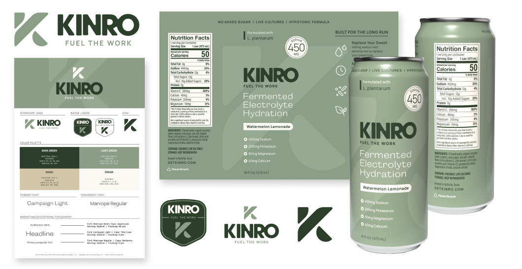 KINRO green tea packaging set with boxes and cans on a light background