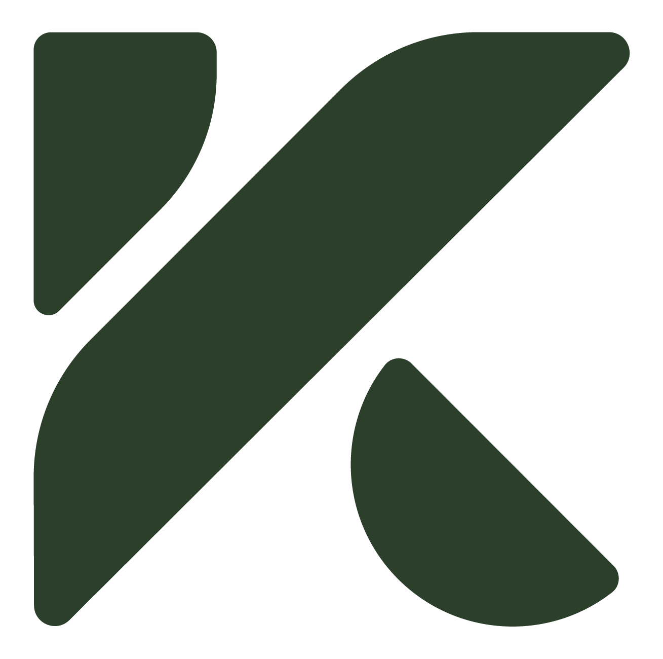 Dark green stylized “K” logo on a white background
