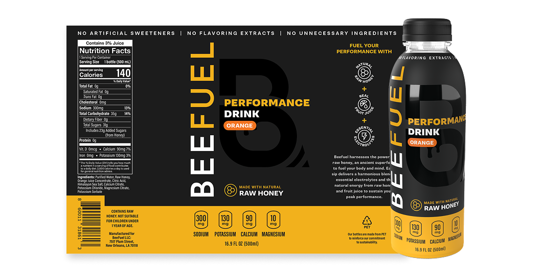 Black and yellow REEFUEL protein shake packaging with bottle and nutrition panel on the label