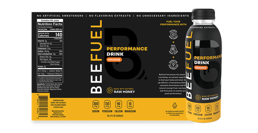 Black and yellow BEEFUEL energy drink can and bottle on a product packaging layout