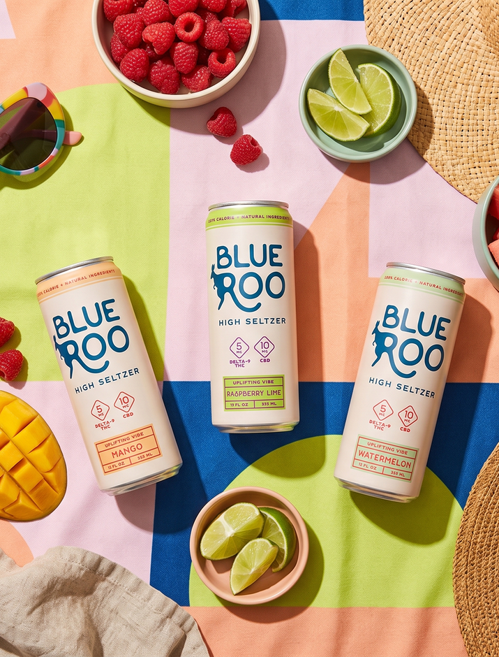 Blue Roo cans on colorful picnic blanket with raspberries, lime wedges, and a mango slice