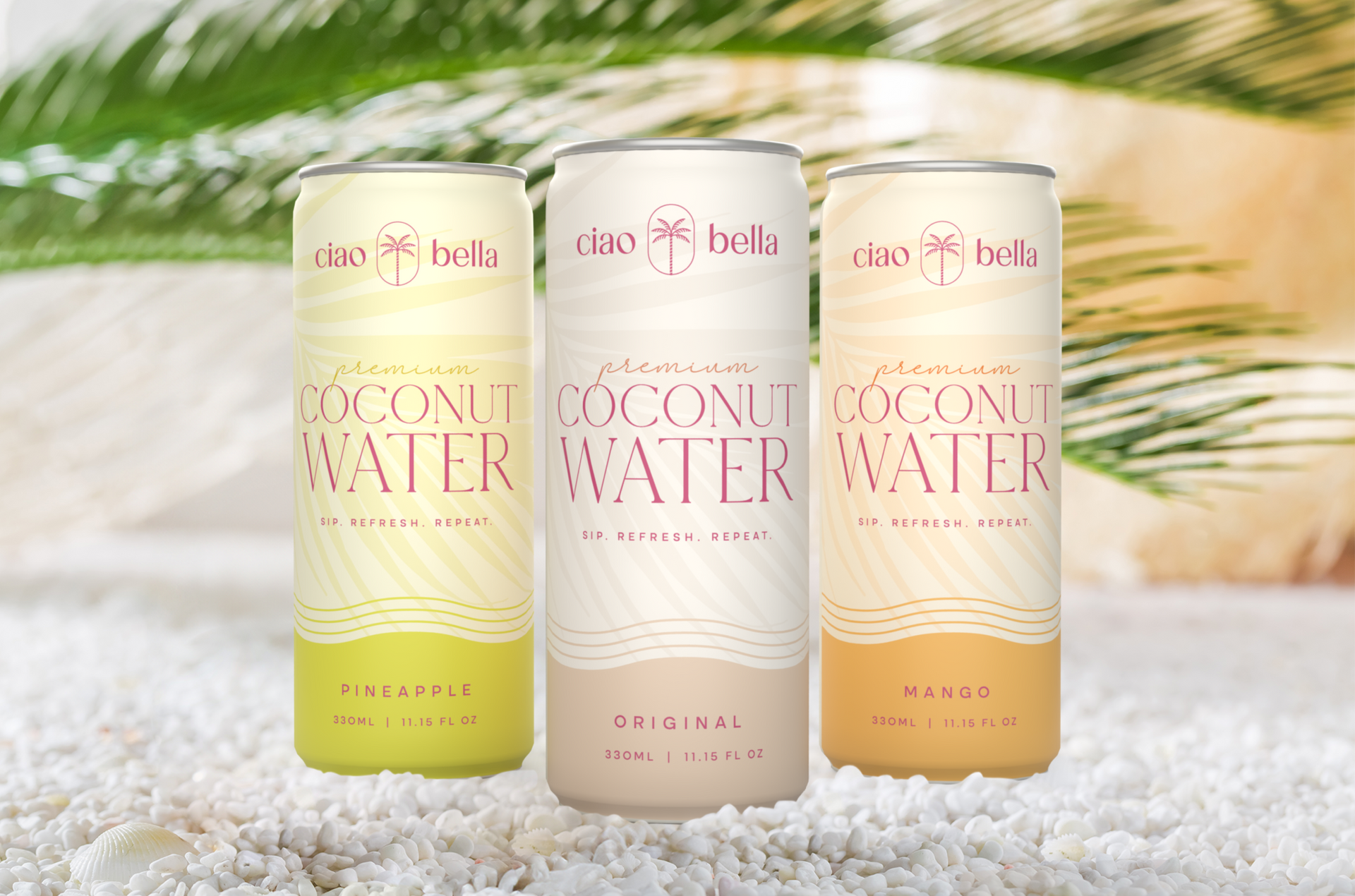 three ciao bella coconut water cans