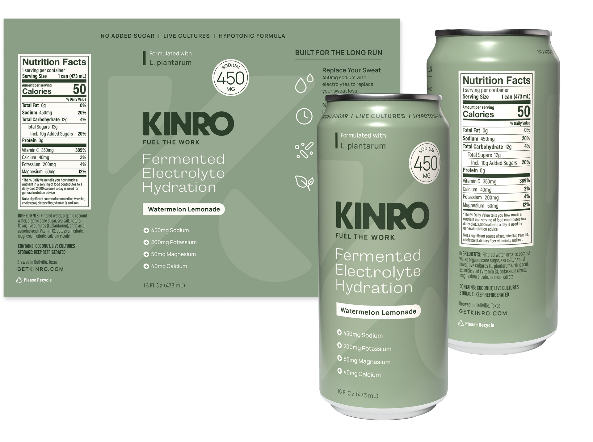 Green Kinro electrolyte drink can and box packaging with nutrition label views