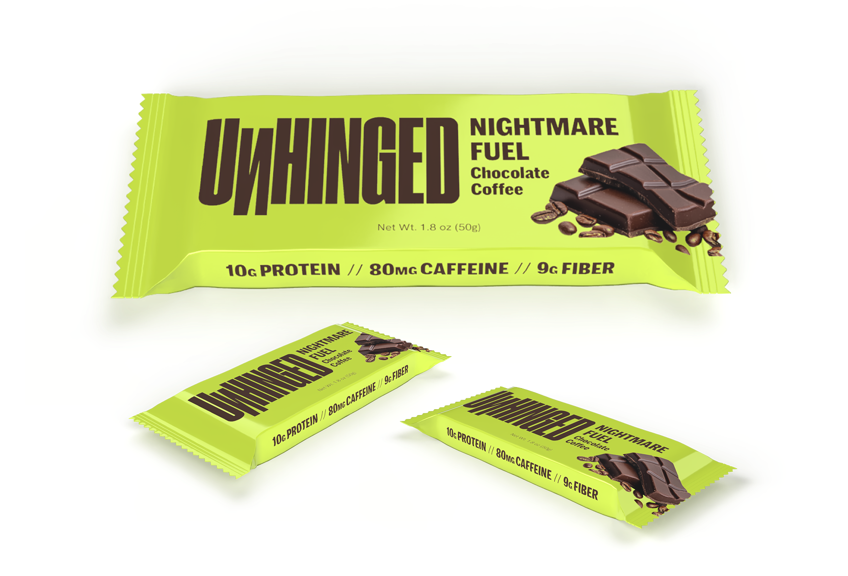 Neon green Unhinged Nightmare Fuel candy bars with chocolate pieces on white background