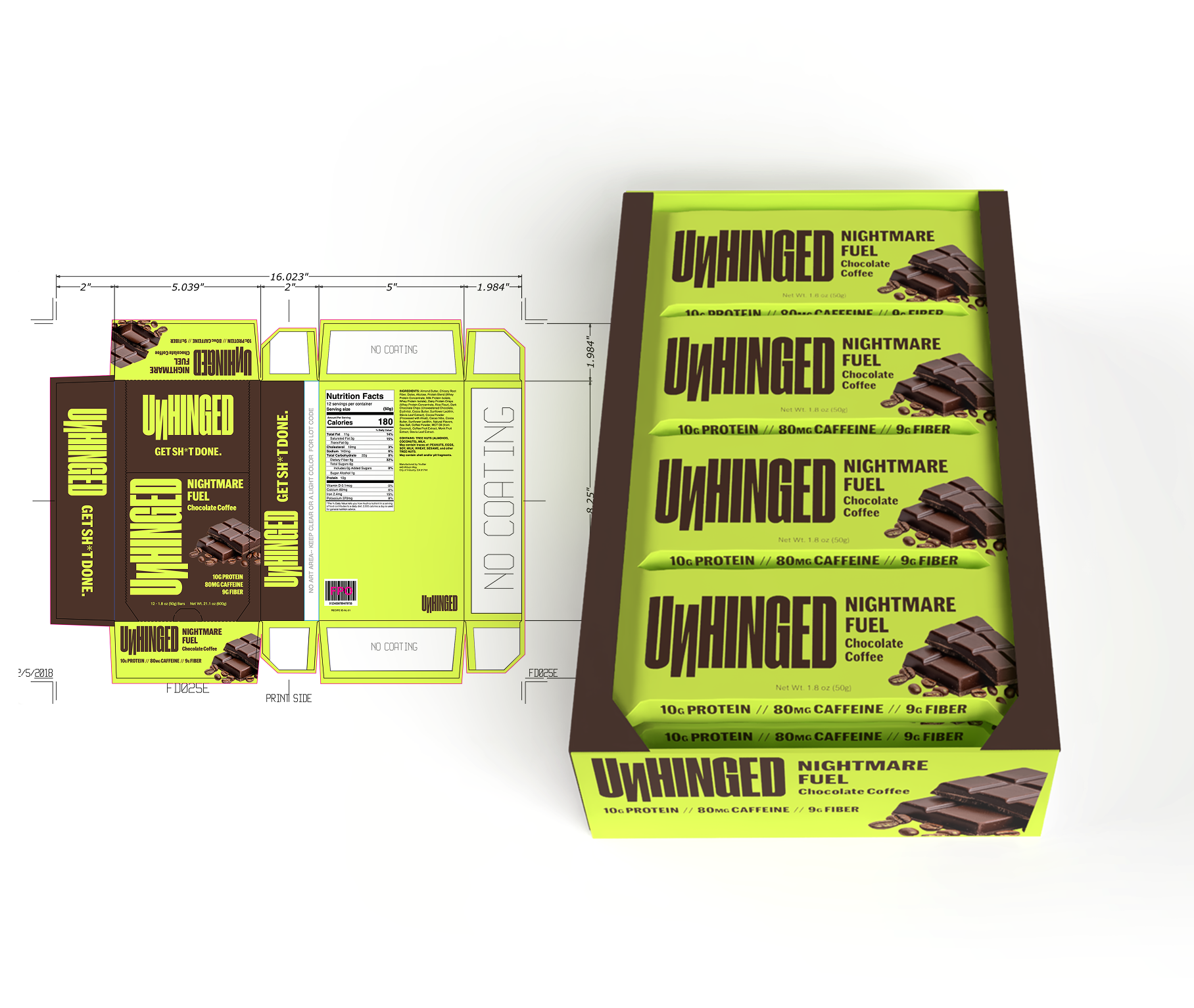 Product packaging mockup for a neon green and brown snack box with multiple views shown.