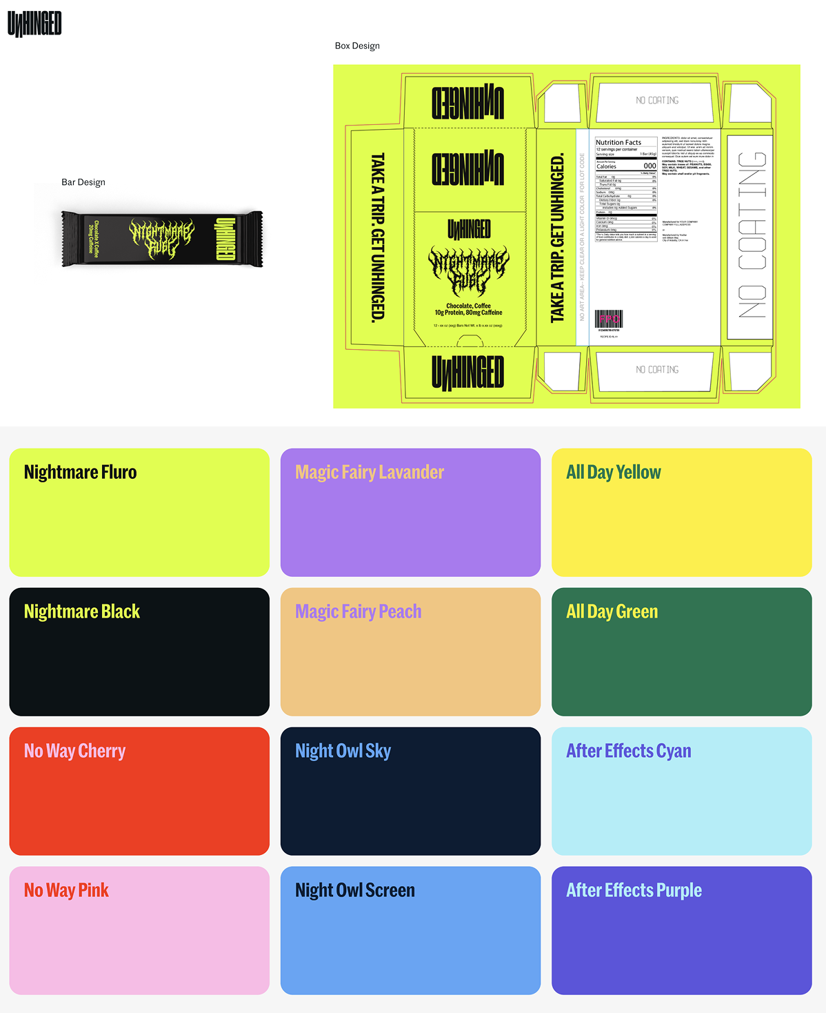 Color palette and label layout with black, yellow, pink, blue, green, orange, and gray swatches