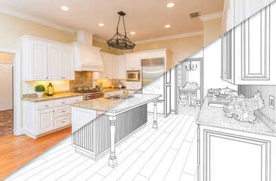 Bright white kitchen with island, cabinets, hardwood floor, and black chandelier; sketch overlay on the right