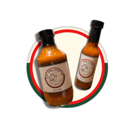 Two amber bottles with black caps on a red, green, and white circular logo background