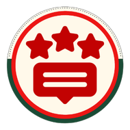 Red circular review icon with three red stars above a red speech bubble on a white background
