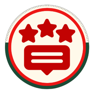 Red circular review icon with three red stars above a red speech bubble on a white background