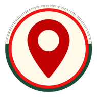 Red location pin icon inside a white circle with red and green border