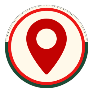 Red location pin icon inside a white circle with red and green border