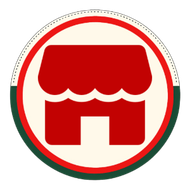 Red storefront icon inside a white circle with red and green border
