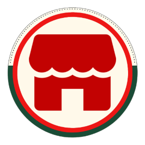 Red storefront icon inside a white circle with red and green border