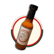Bottle of hot sauce with a black cap, centered on a red and green circular background