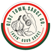 Olde Town Sauce Co. circular logo with garlic and lemon illustration in red, green, and cream