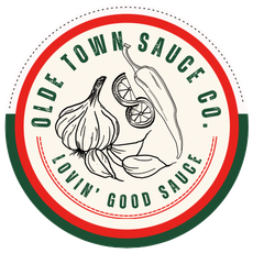 Old Town Sauce Co. circular logo with garlic, lemon, and hand illustration in red, green, and cream