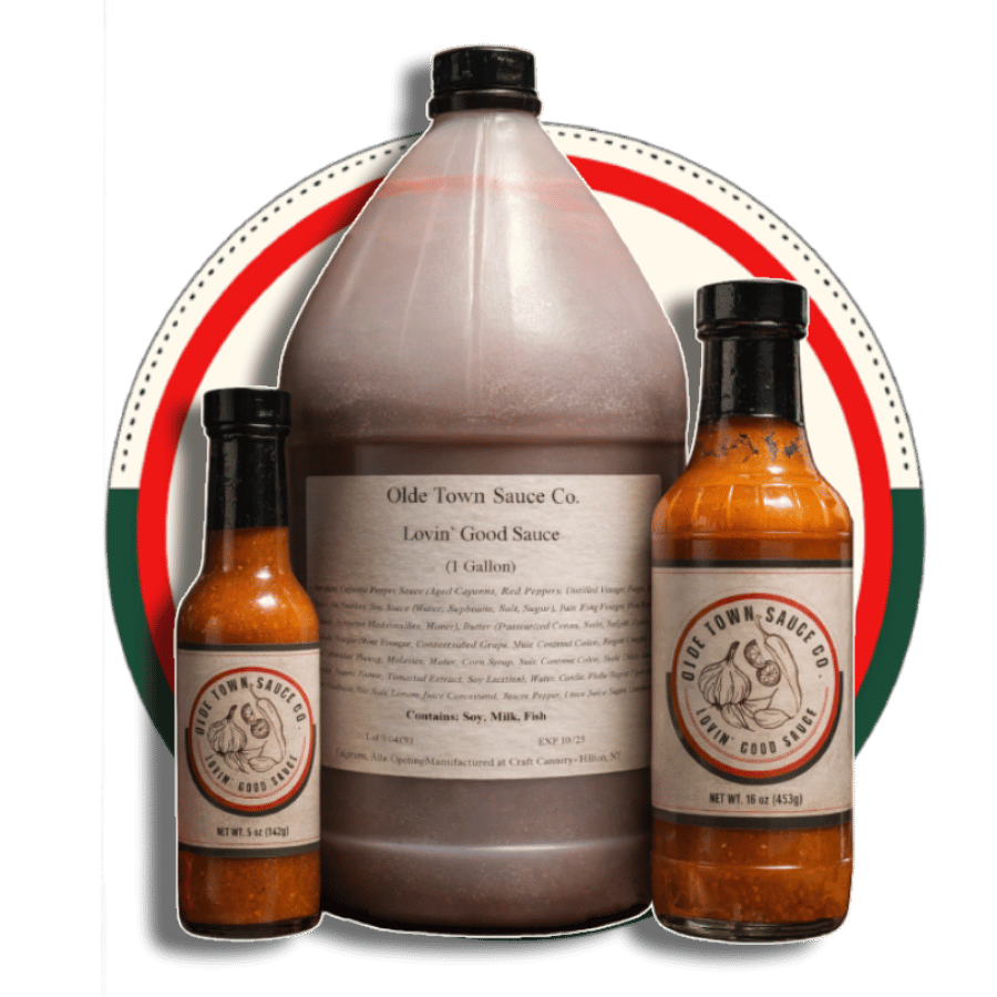Three hot sauce bottles, one large and two small, with red, green, and white labels on a white background