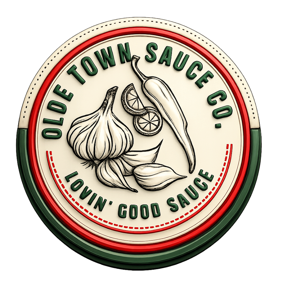 Olde Town Sauce Co. circular label with garlic, peppers, and onion, cream, red, and green design
