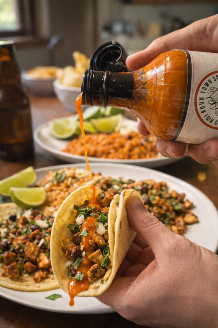 Tacos being filled with saucy meat and herbs while hot sauce is poured from a bottle nearby