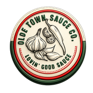 Old Town Sauce Co. circular logo with garlic, peppers, and “Lovin’ Good Sauce” text