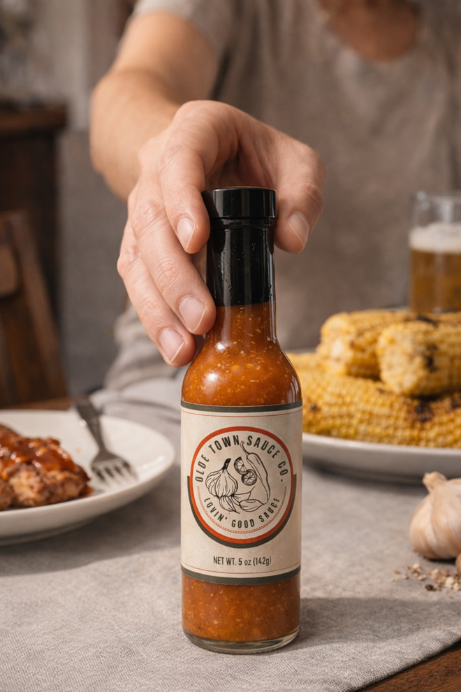 Hand holding a bottle of hot sauce over a table with fried food and garlic cloves