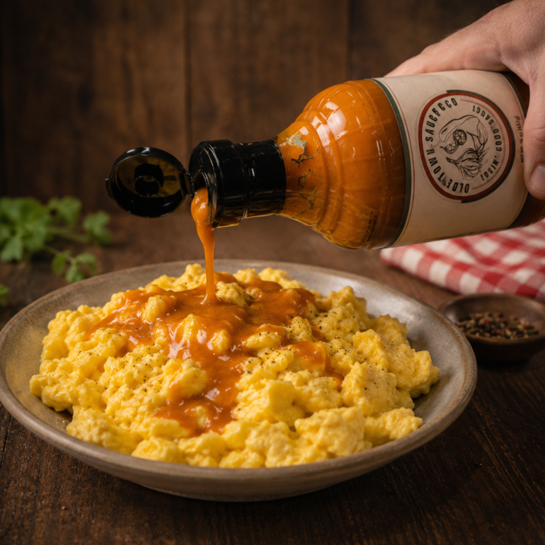 Jar of orange sauce poured over a plate of mashed potatoes on a rustic table