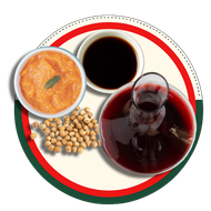 Traditional food and drinks on a plate: soup, coffee, chickpeas, and a glass of red beverage