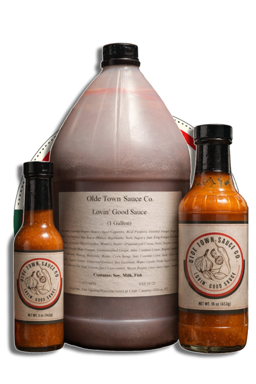 Three hot sauce bottles, including one large jug and two smaller bottles with brown labels.