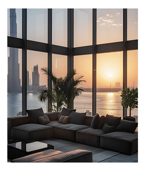 Modern living room with panoramic windows overlooking a cityscape.