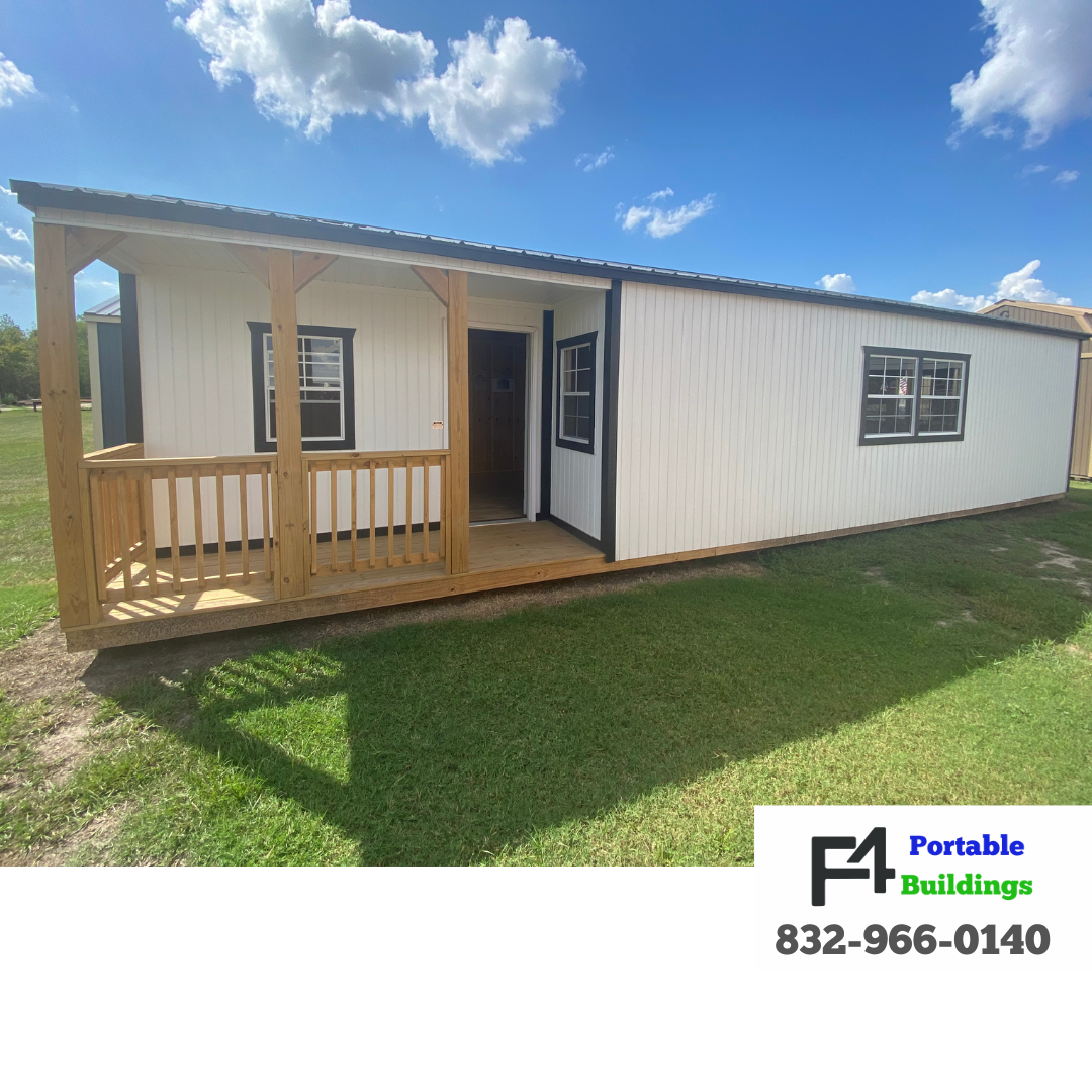 Graceland Portable Building 16x40 Corner Porch Cabin offered by F4 Portable Buildings
