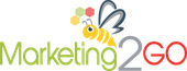 A logo for marketing 2 go with a bee and honeycombs