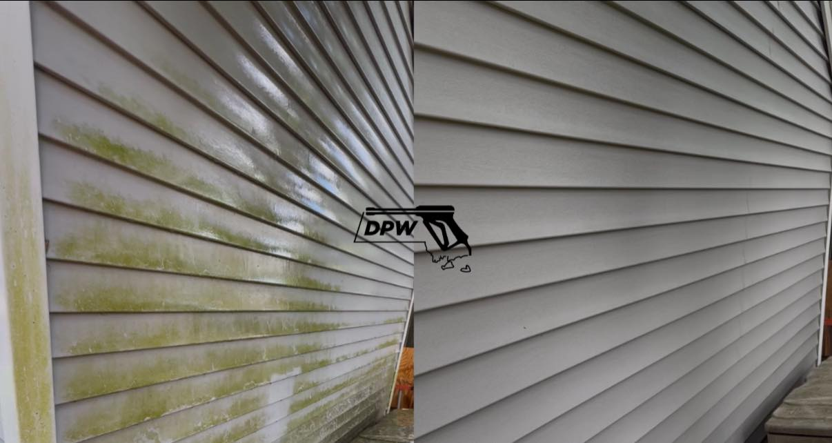 Weathered white vinyl siding with green mildew stains and a damaged corner seam.