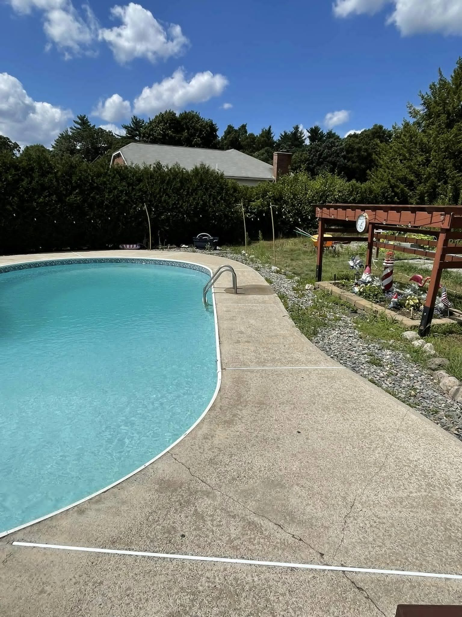 Backyard swimming pool beside a concrete deck, hedge, and wooden sign under a blue sky