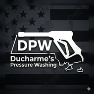 DPW Ducharme&rsquo;s Pressure Washing logo with white pressure washer over a dark American flag background