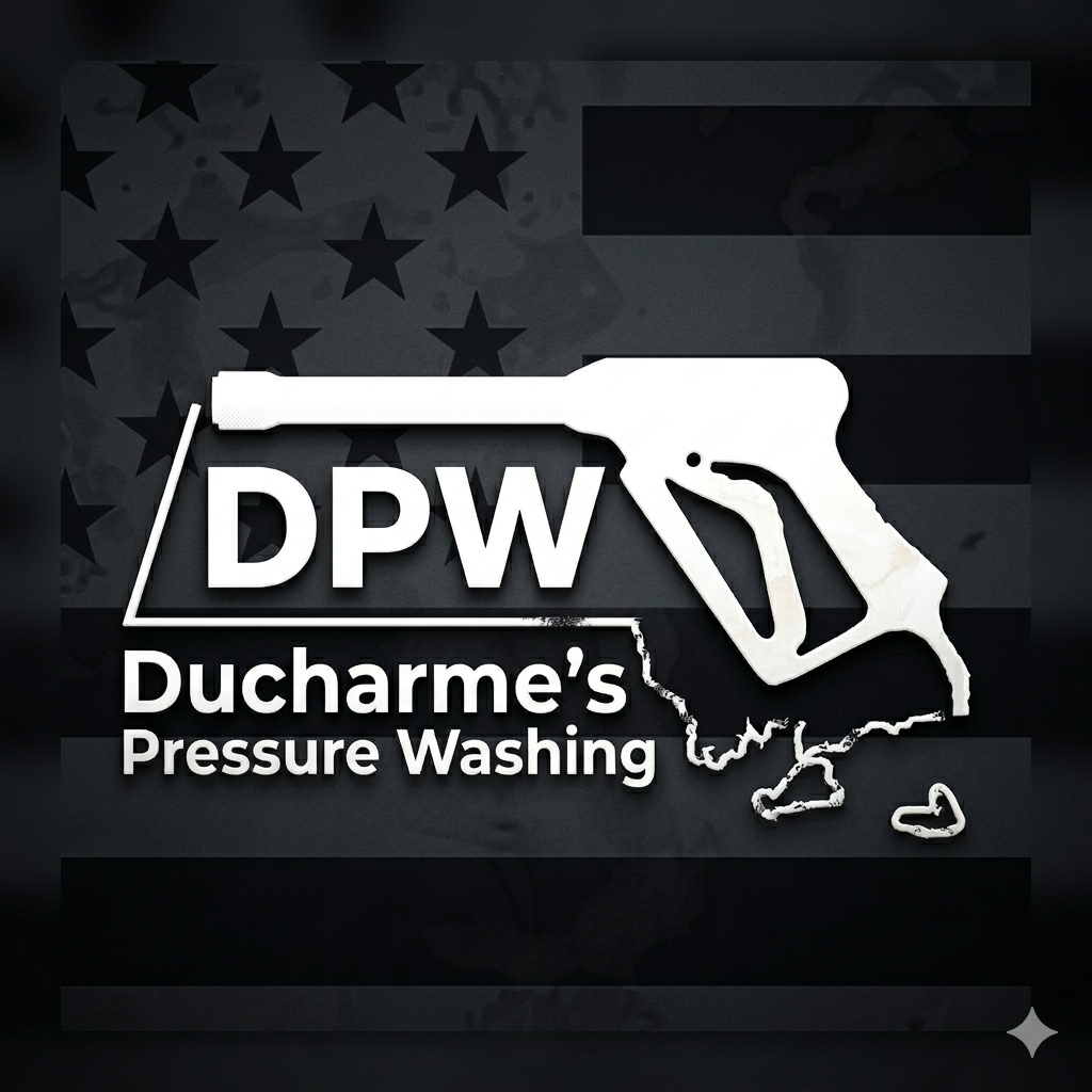 DPW Ducharme’s Pressure Washing logo with white pressure washer over a dark American flag background
