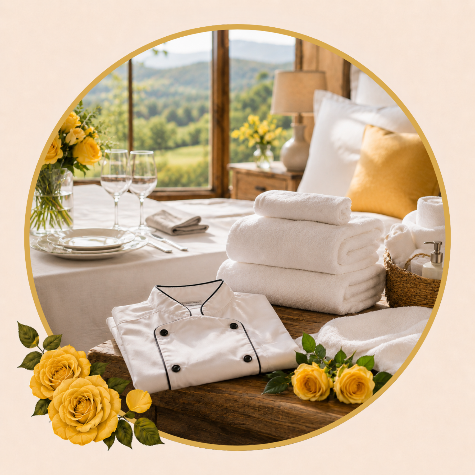 Fresh business linens, chef coat, towels, and table linens arranged in a warm Vermont setting.