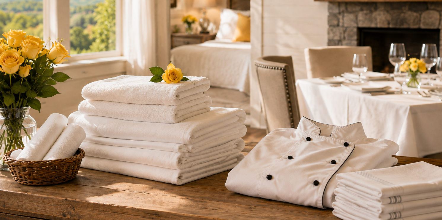Fresh towels, chef coat, table linens, and bed linens displayed in a rustic Vermont hospitality space.