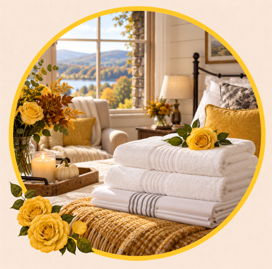 Cozy Vermont guest room with fresh towels, yellow roses, and fall mountain views.