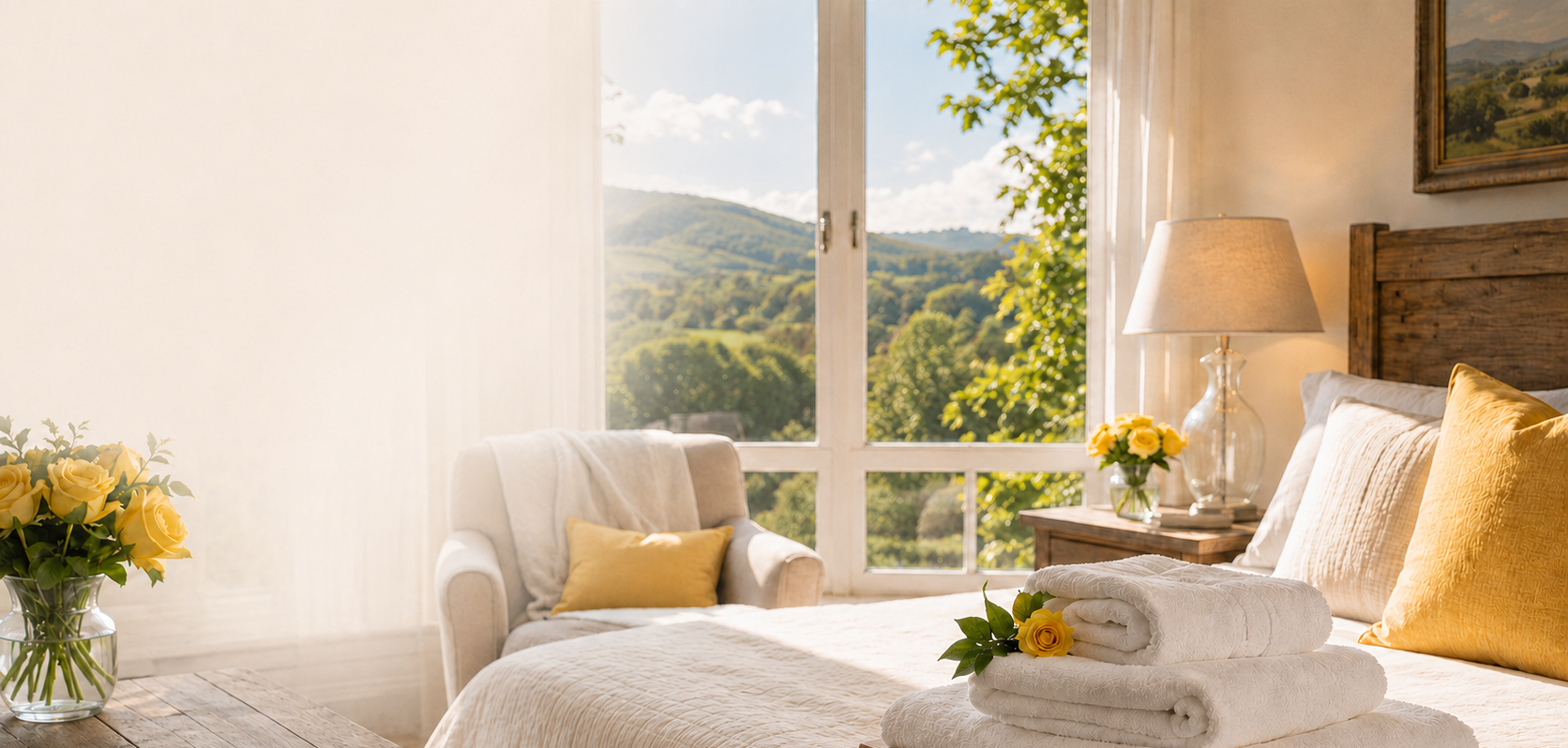 Bright Vermont bedroom with fresh folded towels, yellow roses, and mountain views, representing end-of-summer cleaning and linen service for homes and vacation rentals.